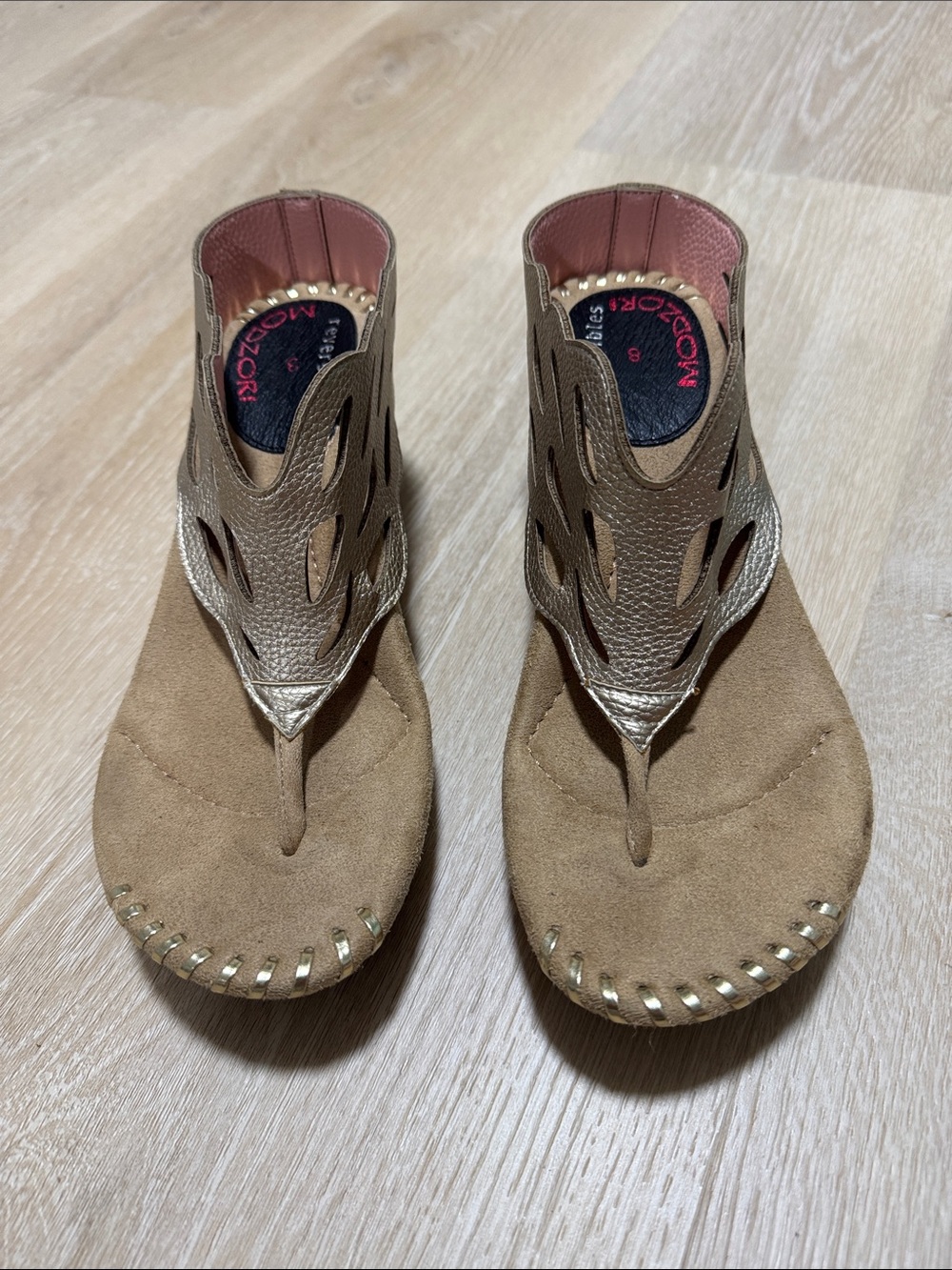 Metallic Cutout Taupe Thong Sandals